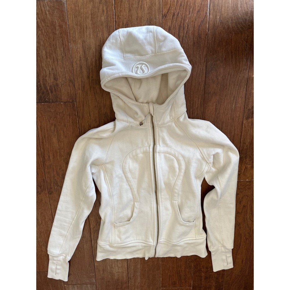 Lululemon Scuba Full Zip Hoodie White Size 4 Athletic Jacket Thumbholes Logo